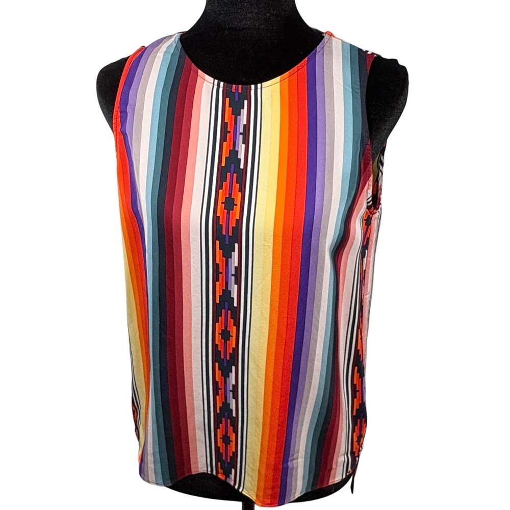 Parker 100% Silk Southwestern Stripe Tank Top Split Back Sleeveless XS